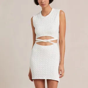 Mini vestido de verano para mujer, nuevo vestido blanco bandelet calado de punto transpirable