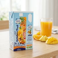 Boîte de présentation en carton ondulé recyclable, marque ECO, qualité alimentaire, finition brillante mate, motif fruits tropicaux, boissons énergisantes, jus