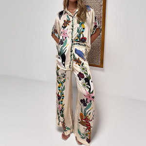 Ropa de mujer a la moda, estilo europeo y americano, novedad de primavera, conjunto retro con estampado, top informal con solapa y pantalones anchos. - Product Image 1