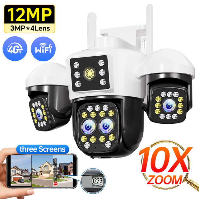 NyteElf 12MP 4 Lens Outdoor 2.4G Wifi PTZ Security Camera Color Night Vision AI Motion Detection CCTV Camera for Home Security