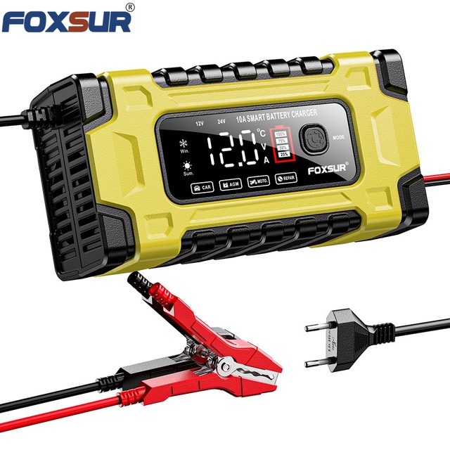FOXSUR 12V 10A/24V 5A 7-stage Battery Maintainer Desulfator Charger Lead GEL STD AGM Car Motorcycle Pulse Repair Charger