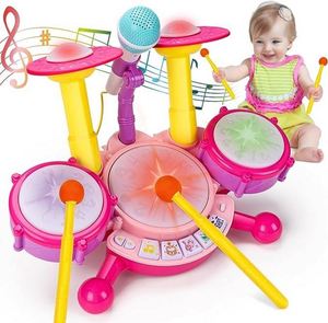 Juguetes de Instrumentos Musicales Electrónicos con 2 Baquetas, Luces Intermitentes y Micrófono Ajustable para Niños, Set de Batería - Product Image 1
