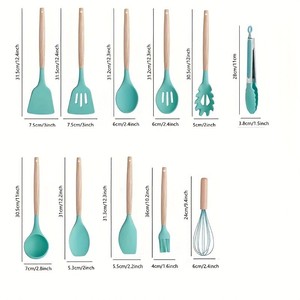 12-Piece không dính Silicone đồ dùng nhà bếp thiết lập với tay cầm bằng gỗ Đồ dùng nấu ăn cho lưu trữ Thùng - Product Image 5