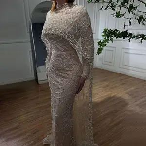 迪拜阿拉伯裸体美人鱼长披肩优雅晚礼服2024女式婚纱