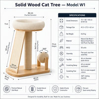 Arbre à chat en bois de chêne massif avec griffoir en sisal, rampe, jouet à bille rotatif à 360 degrés, lit-perchoir en peluche en forme de donut W1