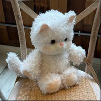 Peluche chaton mignon, jouet en peluche chat kawaii, fourrure bouclée douce, tissu en coton blanc, accessoires, design de robe, décoration de chambre