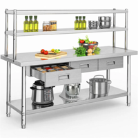 Table de préparation de cuisine en acier inoxydable avec tiroirs, double étagère supérieure et inférieure, pieds réglables, plan de travail