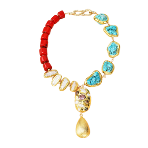 <span class=keywords><strong>Collana</strong></span> <span class=keywords><strong>di</strong></span> Perle Naturali, <span class=keywords><strong>Corallo</strong></span> Rosso e Turchese Blu con Perline, Unisex, Placcata Oro con Rame, Stile Trendy, Gioiello Popolare per Feste - Product Image 1
