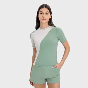 Neue Coole Gefühl T-Shirts Farbe Blockierung leichtes Laufsport-T-Shirt Kurzarm Gym Fitness-T-Shirt geripptes Yoga-Top Damen