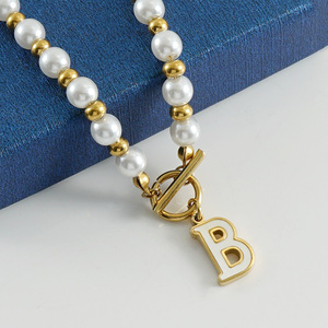 Zogxin Pearl Necklace 18K Gold Letter Charm Women's Clavicle Chain Titanium Steel Jewelry - Product Image 3