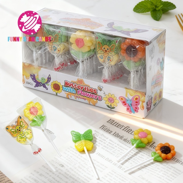 OEM Design Blossom Lollipops Bonbon Wholesale Sweets Fruity Flavors Sunflower Butterfly Hard Candy Lollipop