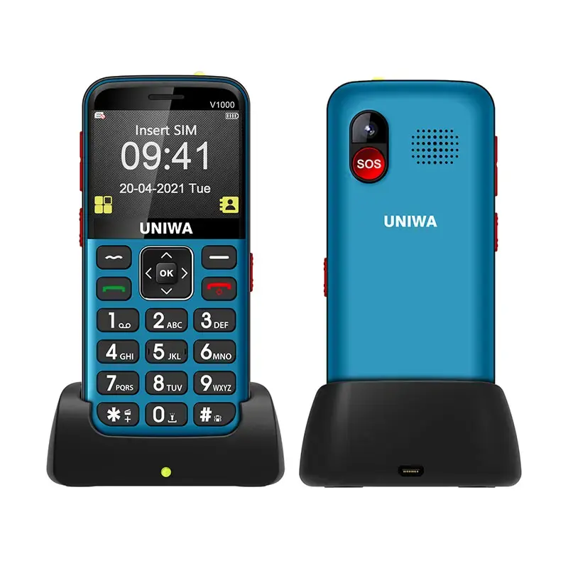 La migliore vendita di telefoni cellulari originali 3G e 4G Smartphone UNIWA V1000 telefoni economici per anziani con cellulare con pulsante grande 5 SOS preimpostato