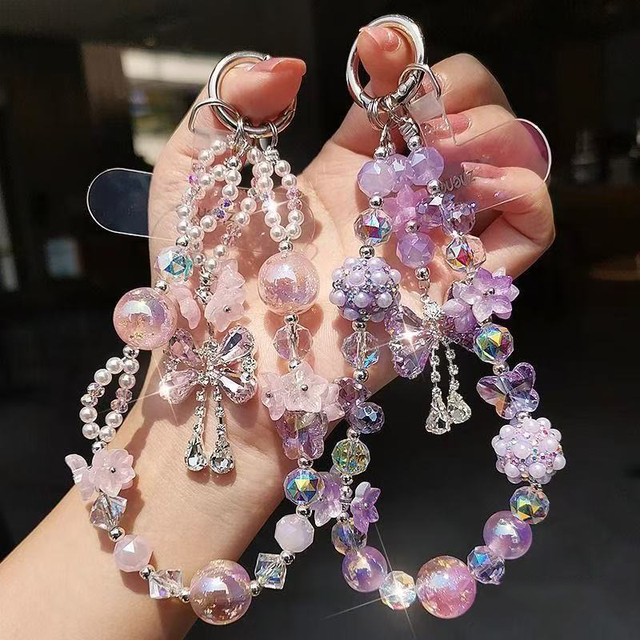 Sweet Colorful Crystal Bowtie Bow Beaded Phone Charms Chains Lanyard Strap Accessories Wholesale Flashing Cell Phone Charm