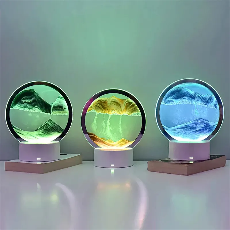 RGBカラーリサイクル砂タイマー砂時計ボトル装飾クラフト流砂移動砂アート画像ラウンド3D砂時計LEDランプ