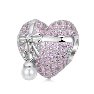 Shiny Pink Zircon Heart shaped Gift with Pearl dangle Charm 925 Sterling Silver bead for Women Fine Charm beads jewelry Bracelet