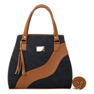 Sac fourre-tout en jean pour femme Fana Hera, bleu et marron, motif géométrique, fermeture à rabat, doublure en tissu doux, style à poignées, usage quotidien décontracté - Product Image 3