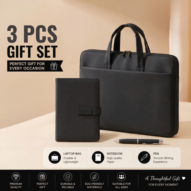 3Pcs Black Business Gift Set with Laptop Bag Notebook and Metal Pen Corporate Office Gift for Men and Women
