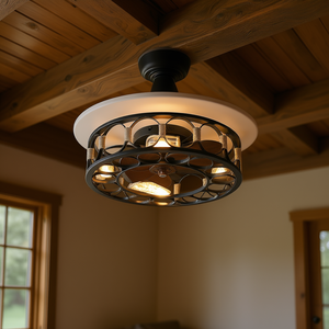 Ventilateur de plafond LED moderne style ferme, pales réversibles, 6 vitesses, montage encastré, design en fer noir grillagé - Product Image 2