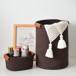 Home cotton <b>rope</b> woven <b>basket</b> <b>storage</b> <b>basket</b> for clothes, sundries, toys, with leather handles, large desktop <b>basket</b> - Product Image 1