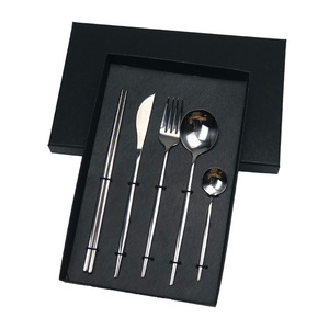 Portuguese Style Stainless Steel <b>Cutlery</b> <b>Set</b> 5 Piece Flat Handle Polished Knife Fork Spoon Chopsticks <b>Black</b> Gift Box Durable - Product Image 1