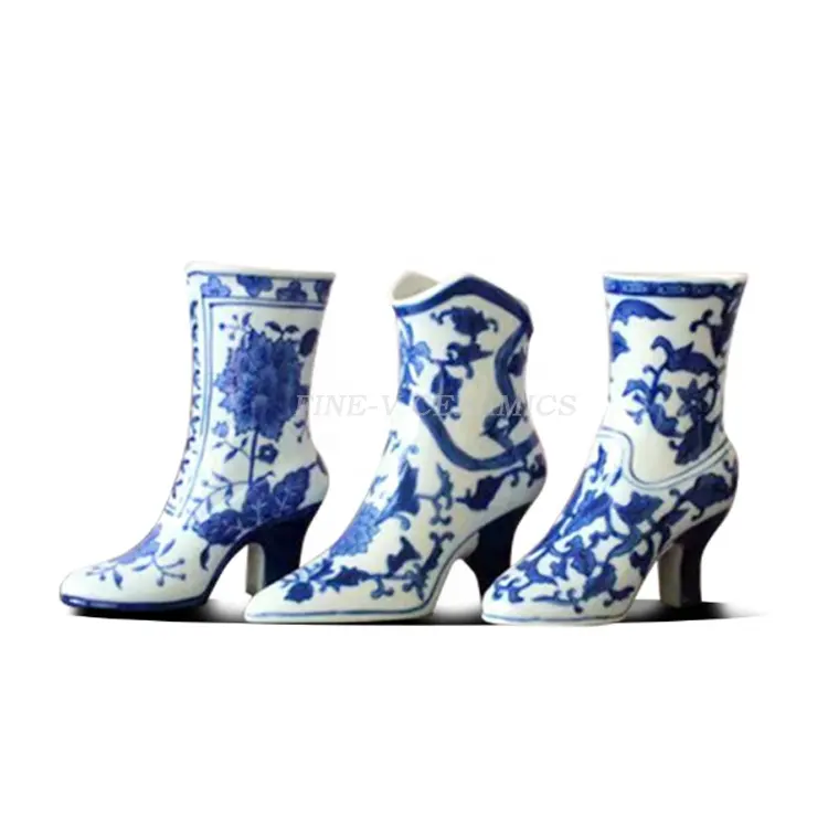 custom Creative pattern flower arrangement porcelain high-heeled shoes ceramic blue and white vase flower ware decorations