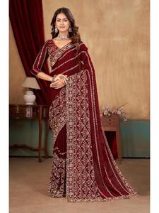 Sari ethnique exclusif en satin Fandy lourd avec broderie de perles complexes, chemisier de créateur, idéal pour célébrations de mariage de luxe - Product Image 1