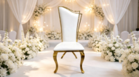 Chaise Chiavari moderne en acier doré avec coussin blanc, empilable et stable, pour événements extérieurs, hôtels et restaurants