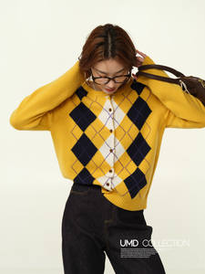 Cárdigan de Punto con Diseño de Rombo en Contraste, Estilo Casual y Moderno para <span class=keywords><strong>Mujer</strong></span>, con Estampado Floral Invernal - Product Image 4