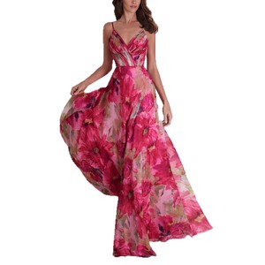 Vestido largo de gasa con estampado floral, cuello en V y cintura imperio para mujer, ideal para fiestas nocturnas. - Product Image 5