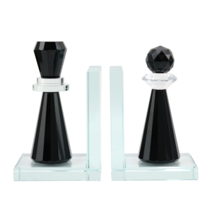 Fermalibri a forma di scacchi Re e Regina in cristallo per decorare la libreria, elegante design in vetro nero e trasparente - Product Image 1