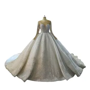 YJ2052W Hot Selling Wedding Dress 2023 Spring New Fashion Elegant Pearl Long Sleeve Lace Sequin White Bridal Wedding Dress