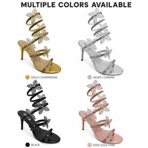 Sandali da Donna con Tacco Alto all'Ingrosso, Dorati con Spirale, Strass, Farfalla e Fiore, Tacco a Spillo, Sopra il Ginocchio - Product Image 1