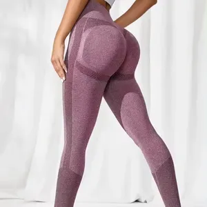 Vente en gros Leggings d'entraînement de levage des fesses sans couture pour femmes Leggings de yoga d'entraînement froissé à la taille haute et aux couleurs assorties