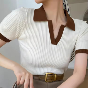 T-shirt <span class=keywords><strong>femme</strong></span> col polo manches courtes mode Blouses <span class=keywords><strong>femme</strong></span> mince tricoté t-shirt <span class=keywords><strong>blanc</strong></span> maigre décontracté femmes été débardeur - Product Image 1