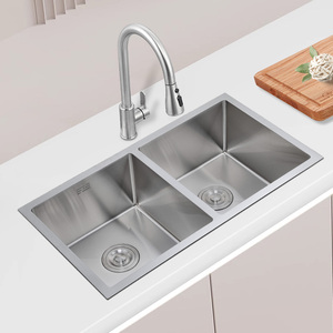 Handmade 304 Stainless Steel Double Bowl Kitchen <strong>Sink</strong> Undermount with Two Holes Rectangular Bottom and Shape <strong>Without</strong> Faucet - Product Image 4