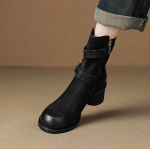 Women's Ankle Boots Pointed Toe Genuine Leather Upper ZIP Closure <b>Rubber</b> Outsole <b>Block</b> Heel High Heel All Seasons - Product Image 4