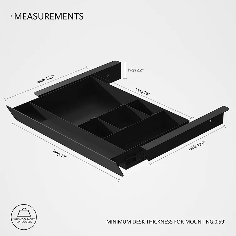 Jh-Mech Sob Gaveta De Mesa ODM Armazenamento Escondido Deslizando Suave Sob Gaveta De Armazenamento De Mesa Com Bandeja De Lápis