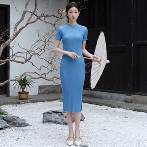 Casual Romantic Collar Pencil <b>Dress</b> Ruched Pleated Midi <b>Dress</b> Solid Color Woven Polyester Breathable <b>Elastic</b> Waist Anti-Wrinkle - Product Image 5