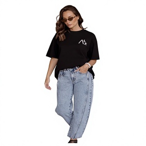 Jean en denim délavé clair taille mi-haute pour femme, coupe ample à jambe large, en coton écologique résistant à la décoloration, léger - Product Image 1