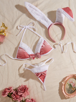 Set Lingerie Wanita Seksi Model Bunny Girl Tiga Potong, Bordir Tipis Tenun, Ramah Lingkungan, ODM