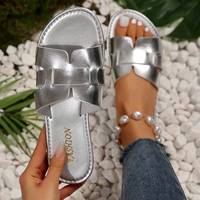 Sandales plates à découpes en argent métallisé pour femmes, style décontracté d'été, tongs de plage, logo personnalisé disponible