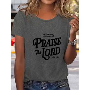 Camiseta <span class=keywords><strong>de</strong></span> Punto Informal Transpirable con Logotipo Personalizado Estampado para Mujer, PRAISE the LORD - Product Image 3