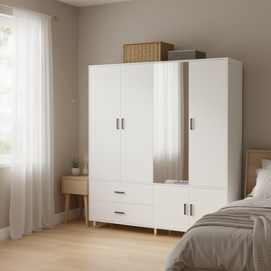 ตู้เสื้อผ้าไม้สีขาว ขนาด 63 นิ้ว (กว้าง) x 20.4 นิ้ว (ลึก) x 70.8 นิ้ว (สูง) แบบ 4 บาน 2 ลิ้นชัก พร้อมกระจก สำหรับห้องนอน เฟอร์นิเจอร์เก็บของ - Product Image 2