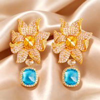 Anting-anting gantung zircon gaya floral biru kuningan 2026 untuk wanita, zircon kubik biru, perhiasan pernyataan mewah vintage, hadiah