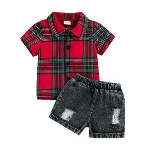 Vêtements pour bébé, t-shirt à manches courtes à carreaux, ensemble short en jean, <span class=keywords><strong>3</strong></span> 6 9 12 18 36 <span class=keywords><strong>mois</strong></span>, tenues pour bébé garçon fille - Product Image 5