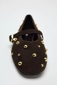 DEleventh ZAs Nuove <span class=keywords><strong>Scarpe</strong></span> da <span class=keywords><strong>Donna</strong></span> in Pelle Anilina Marrone con <span class=keywords><strong>Borchie</strong></span> e Punta Tonda Ballerine - Product Image 2