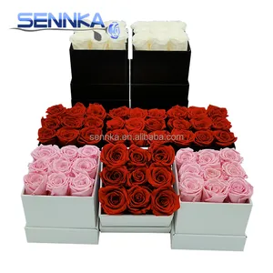 Cadeau de saint-valentin pour la fête des mères 2023, naturel, frais, échancré, 5-6cm, roses rouges, boîte à fleurs carrée, vente en gros