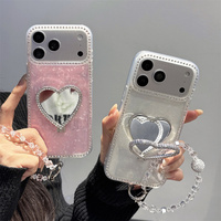 Coque de téléphone miroir cœur scintillant en strass avec dragonne en cristal pour iPhone 18 17 Pro Max 16 15 14 13