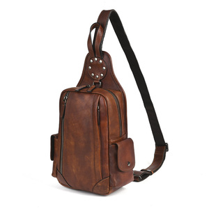 กระเป๋าคาดหน้าอกผู้ชายสไตล์เรโทรหนังแท้ความจุขนาดใหญ่สำหรับใช้ในชีวิตประจำวันสีน้ำตาลสีทึบ - Product Image 3