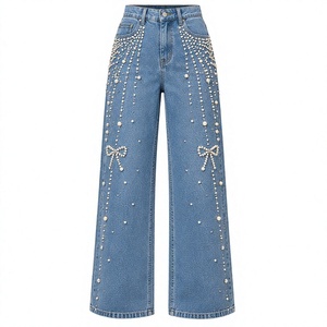Women’s High Waist <b>Wide</b> <b>Leg</b> Jeans With Pearl Bead Embellishment And Bow Detail - Product Image 4